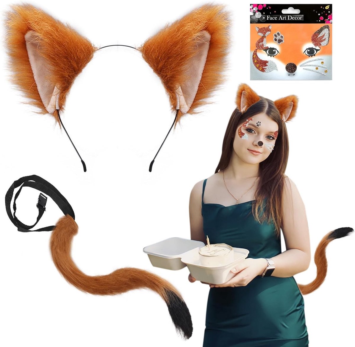 Set van 3 Dierenkostuums voor Kinderen en Volwassenen met Neppels, Lange Staart en Gezichtstickers voor Carnaval, Halloween en Cosplay Feesten