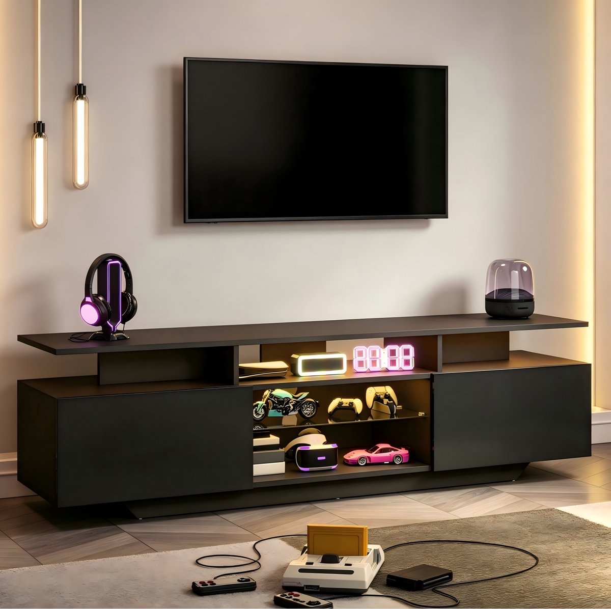 Wishdor - TV-meubel - 160 cm breed - 2 kasten en 8 opbergvakken - modern design voor woonkamer - houtlook met glas en LED-verlichting - zwart - 160 x 40 x 45 cm