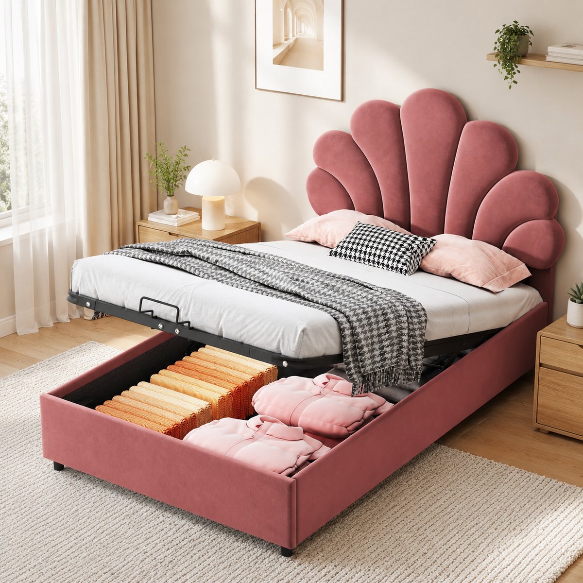 Gestoffeerd bed 90x200 cm - Eenpersoonsbed 90x200 cm - Hoofdbord met Fluwelen stof - Bloemblad-vormig hoofdbord - Houten Lattenbodem - Met Opbergruimte - Roze