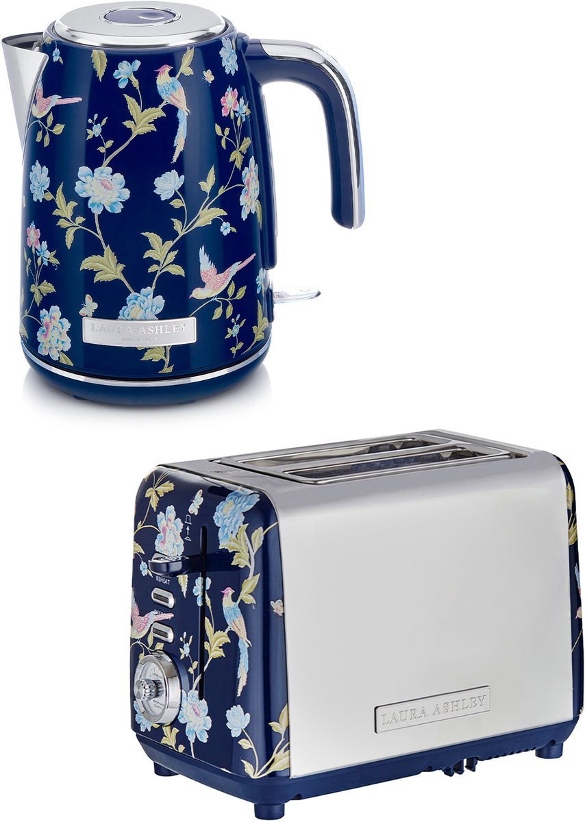 Laura Ashley by VQ Keuken Set – Kanwaterkoker 1,7L & 2-Sleuven Broodrooster – Elveden Marine – Luxe Design Ontbijtset