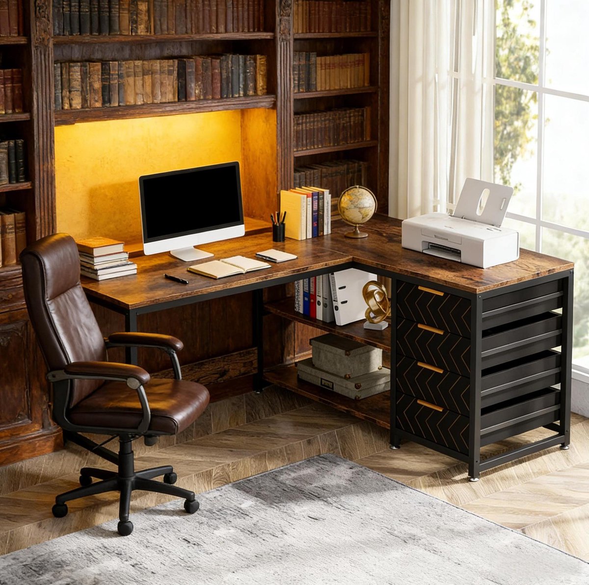 FloraGrace Bureau - L-vormig Hoekbureau Met 4 Laden En 2-Laags Rek - Omkeerbaar Voor Thuiswerk En Kantoor - Metaal En Hout - 150x110x75 Cm Black