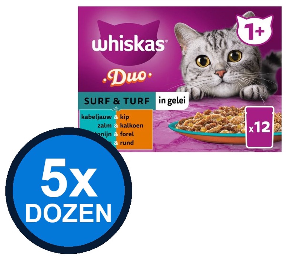 Whiskas Whiskas - 1+ Pouch Adult Gelei Duo Surf & Turf Sel Multipack (12x85g) - Kattenvoer Natvoer - 1.02 kg