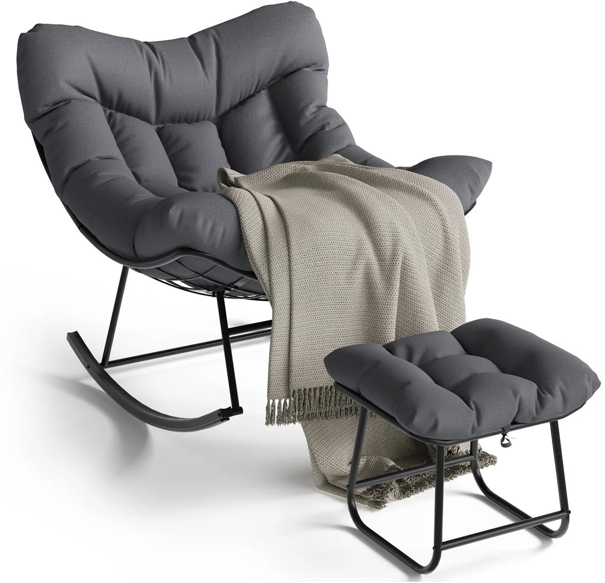 Archi Buitenhangstoel – Loungestoel - Extra Grote Loungestoel met Metalen Frame – PE Rotan Ei-Stoel met Dik Kussen - Donker grijs