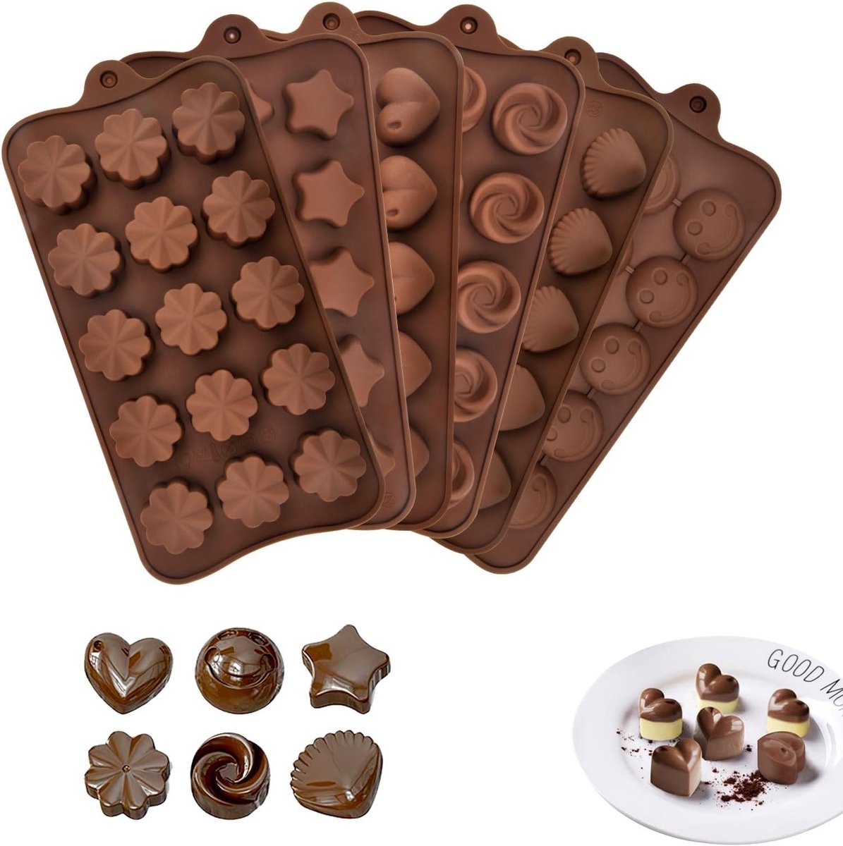 6 x 3D Siliconen Mallen voor Chocolade, Snoep, Jelly en IJsblokjes - Antiaanbaklaag, Makkelijk Schoon te Maken, Creatieve Bakvormen