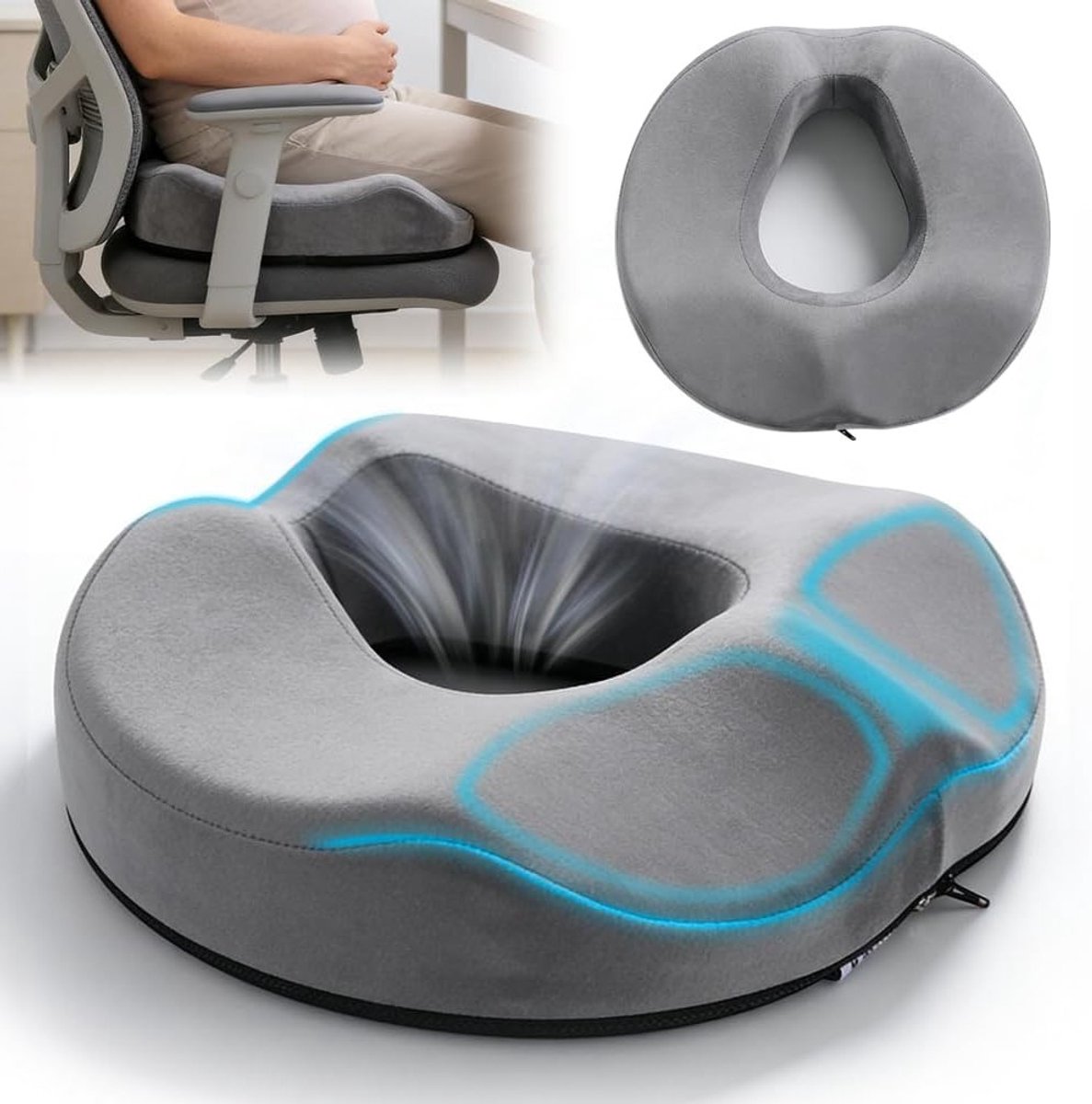 Ergonomisch Zitkussen voor Kantoorstoelen, Auto en Rolstoel - Geheugenfoam voor Comfort en Ondersteuning bij Aambeien en Rugpijn