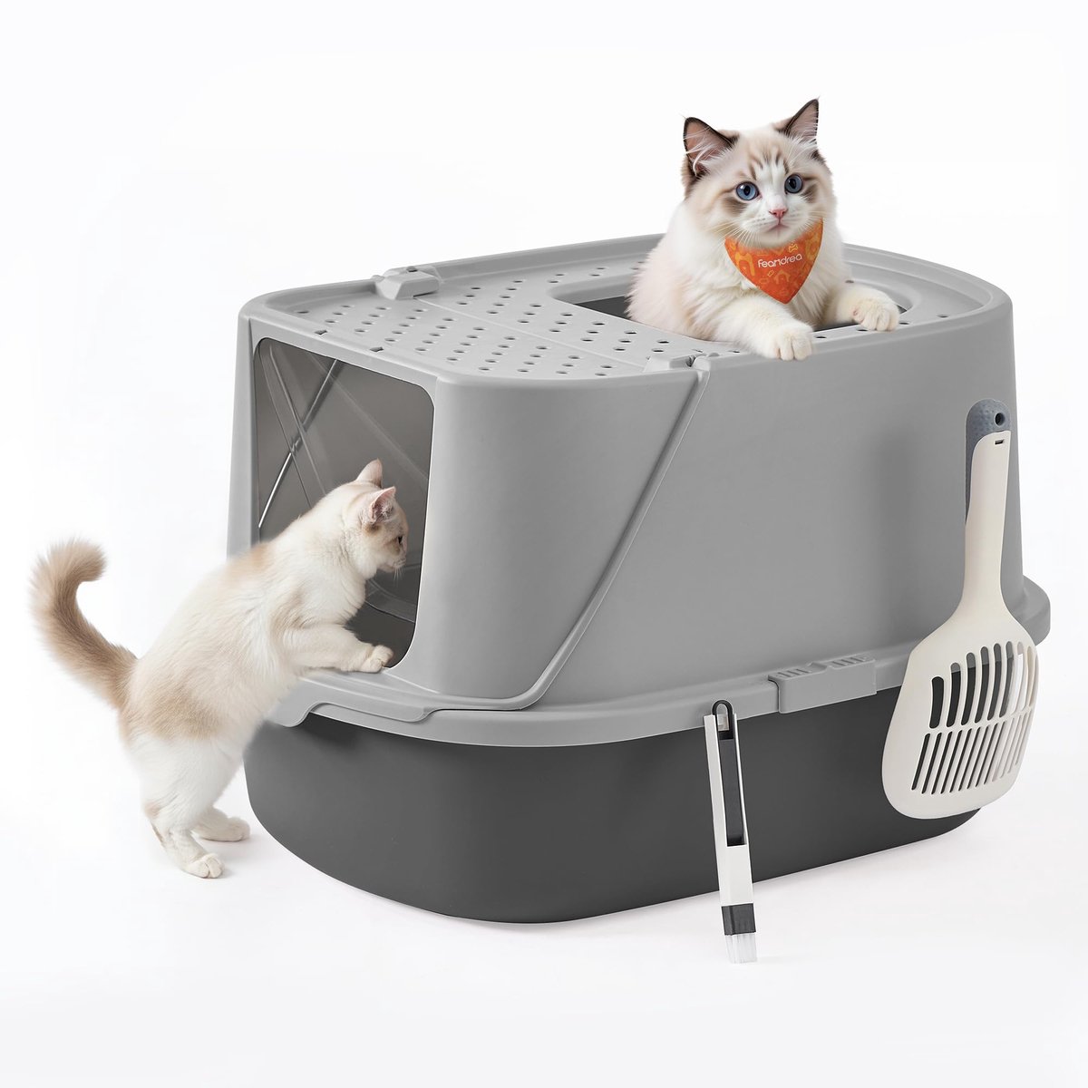 Famanu – Grote XXL kattenbak met deksel, inclusief schepje en borstel, ideaal voor katten