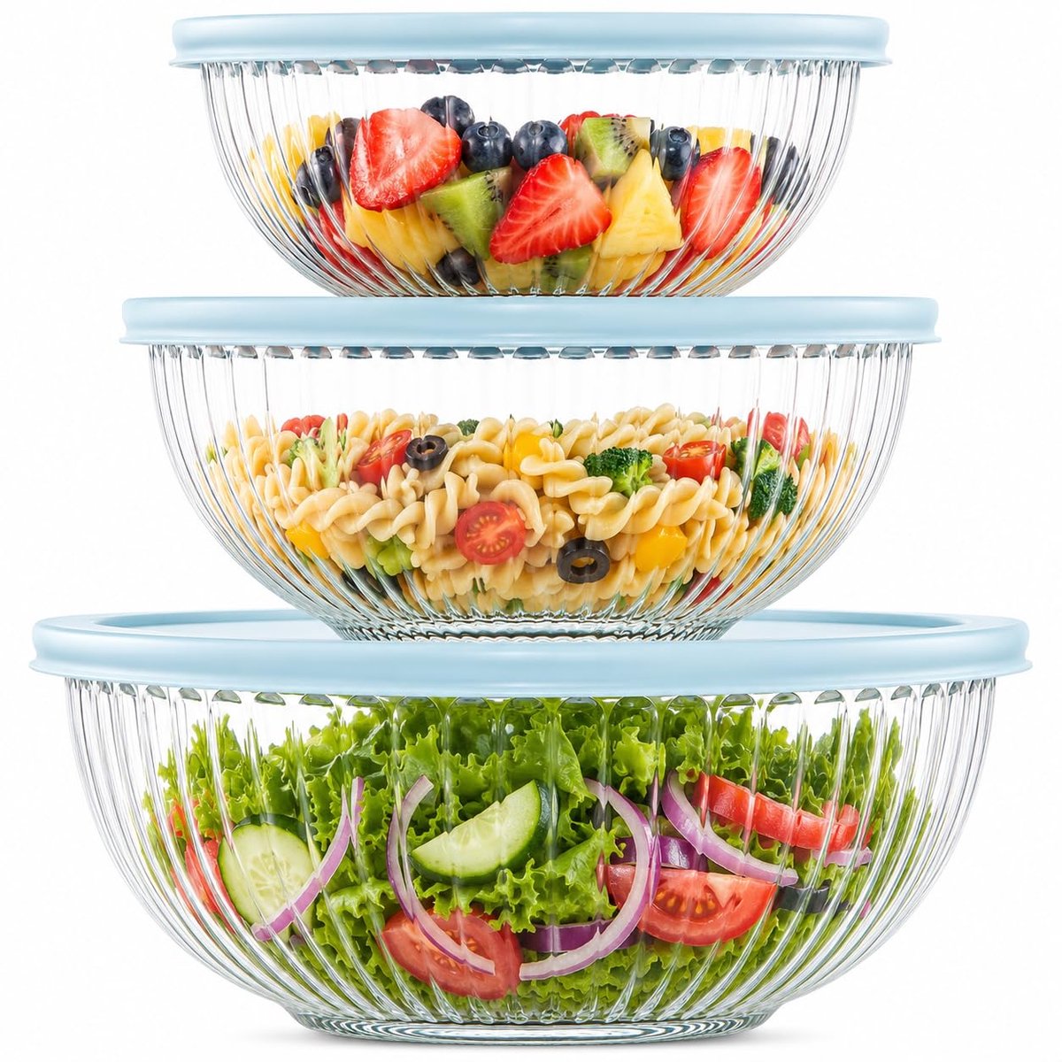 Famanu – Glazen mengkom met deksel, set van 3 (3,5 l, 2 l, 1 l), ronde slakommen voor de keuken, ideaal voor bewaren, koken en bakken