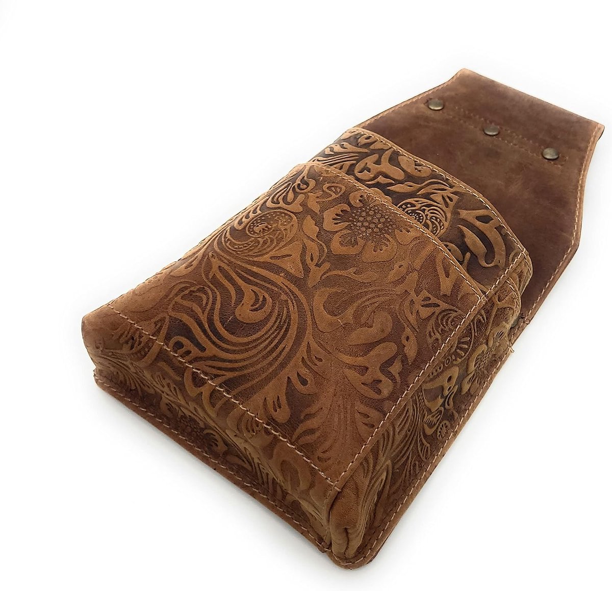 Female waiter bag waiter holster sleeve embossed full leather elevated, floral motifs, tendrils and flowers, brown - ShopVlot