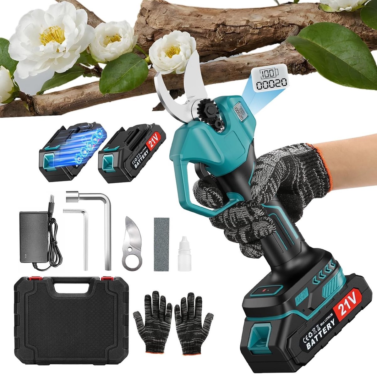 Knipschaar tuin - Turquoise - Elektrische Snoeischaar 25 mm Snede - Met 2 Batterijen 2000 mAh - Voor Tuinieren en Snoeien