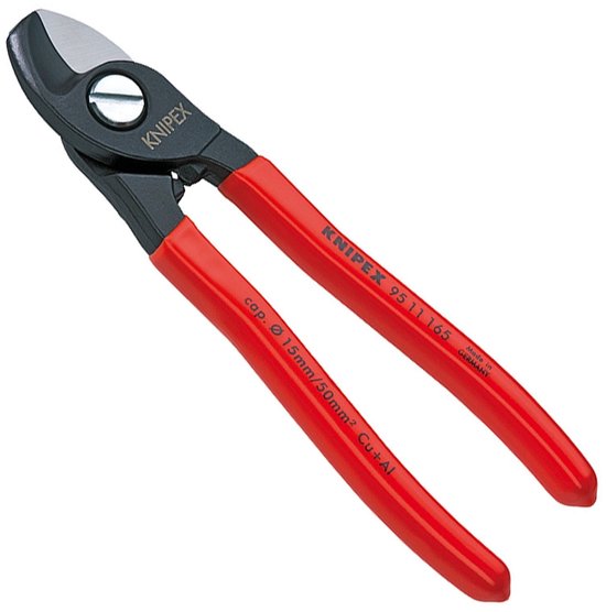 Knipex 95 11 165 kabelschaar met rode handvatten en de tekst "cap. Ø 15mm/50mm² Cu+Al"
