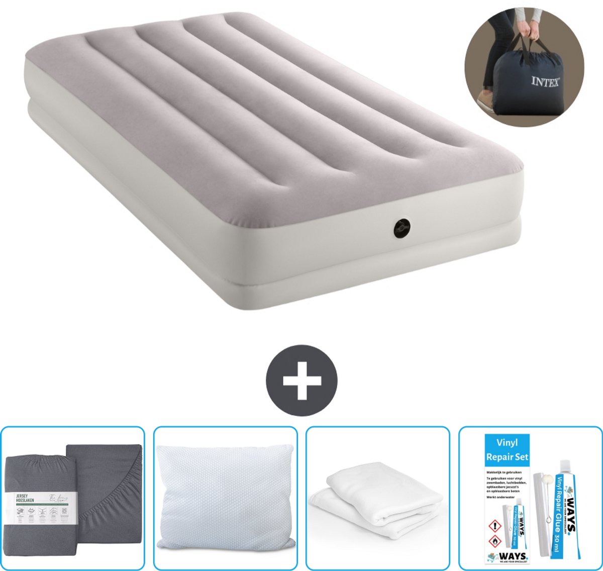 Intex Luchtbed - 1-Persoons - 99 x 191 x 30 cm - Grijs - Inclusief pomp - Hoeslaken - Kussen - Reparatieset en Kussenbeschermer