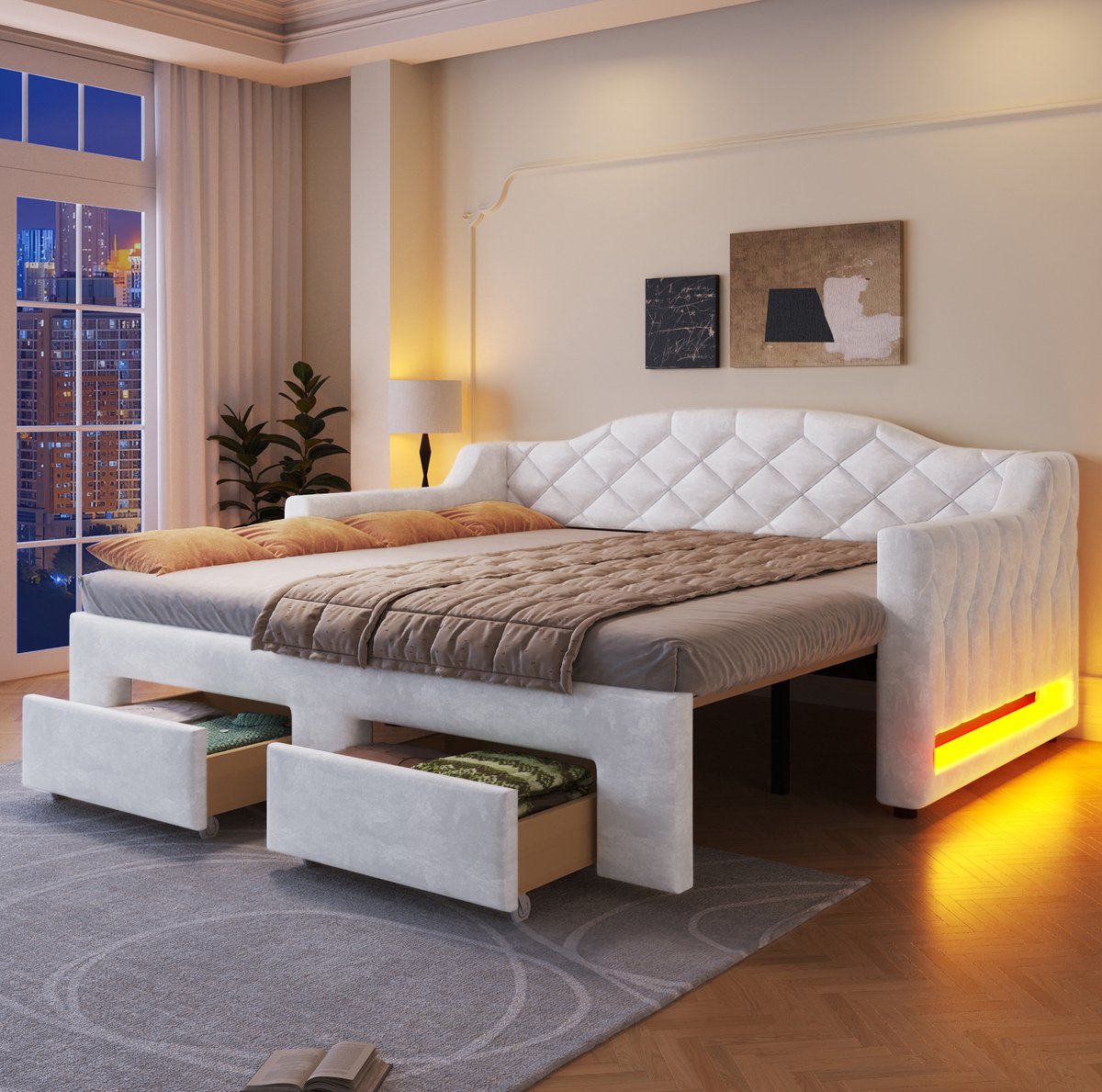 Wishdor Slaapbank 90x200 cm - Gestoffeerd dagbed met 2 lades en ledverlichting - Wit - Uitbreidbaar tot 180x200 cm met armleuningen