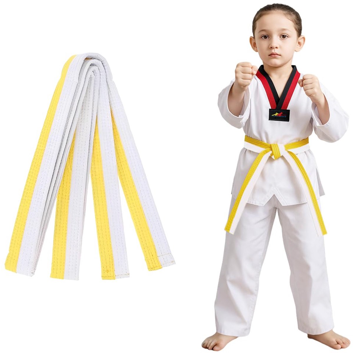 Taekwondo-gordel 180 cm in wit en geel voor kinderen en volwassenen
