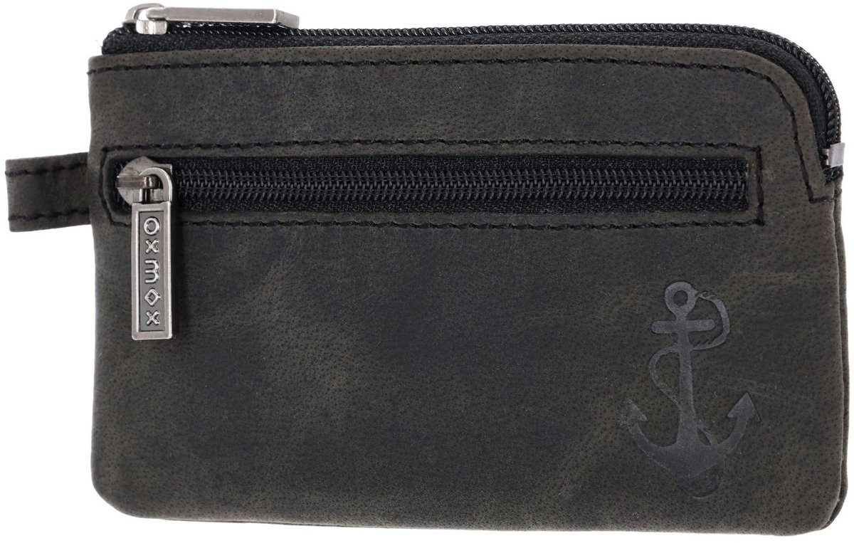 oxmox Leren sleutelgeval Leather Keyholder Freedom Anchor Embossed Vintage Black zwart