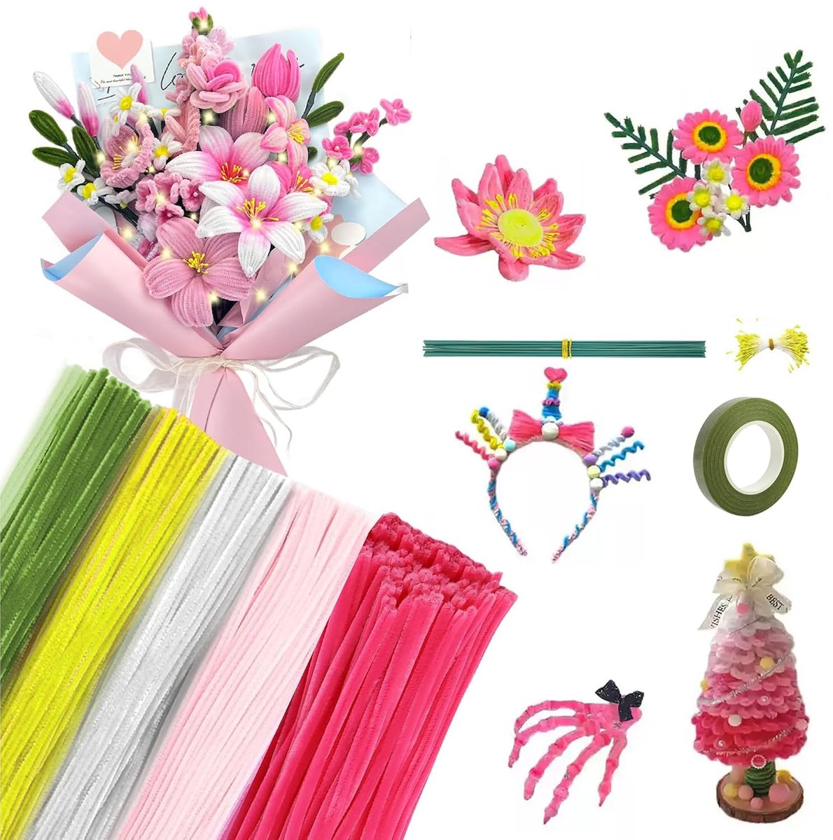 Pijpenrager bloemen set 300 stuks - 4 kleuren - inclusief groene bloemenstelen en tape - perfect voor DIY boeketten - ShopVlot