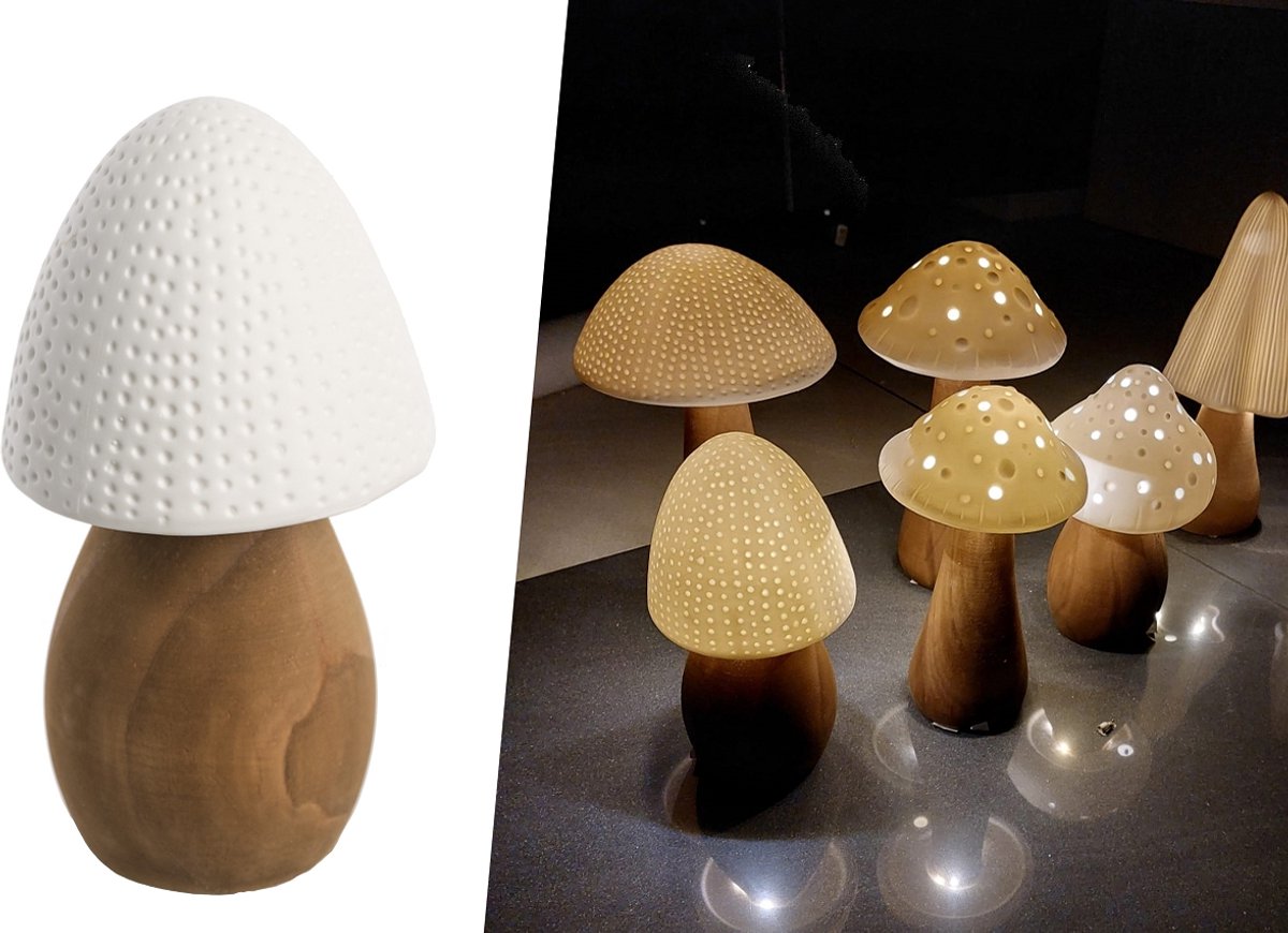Decoratieve Keramische Paddestoel met LED-verlichting op Houten Voet
