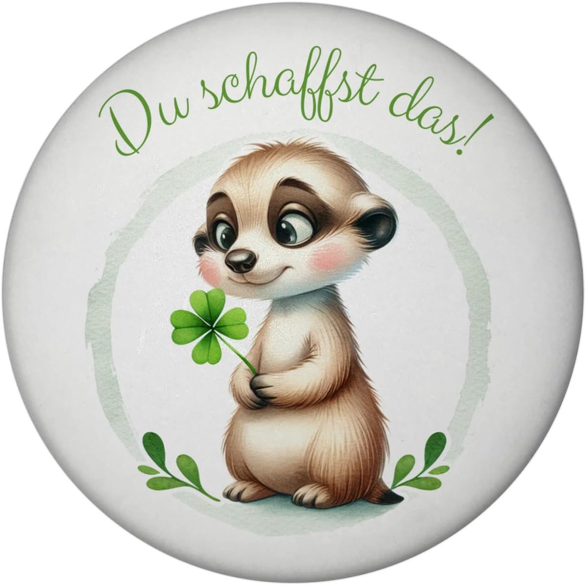 Magnet met meerkat en klavertje 4 - rond - schattig gelukbrenger - extra motivatie voor jou - ShopVlot