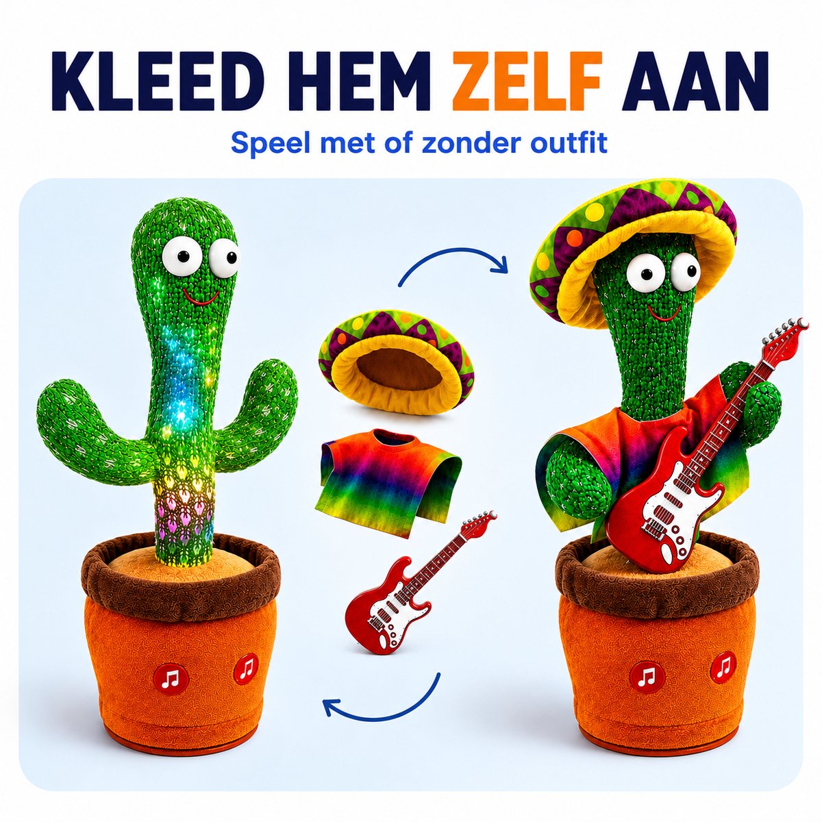 Movela® Dansende Cactus Mexicaan - Talking Cactus 32CM - Oplaadbaar - Pratende Cactus - Interactieve knuffel - Zingende cactus - Met Volumeknop - USB opladen - Baby speelgoed - Inclusief Outfit en Gitaar - 120 Tiktok Liedjes — afbeelding 6