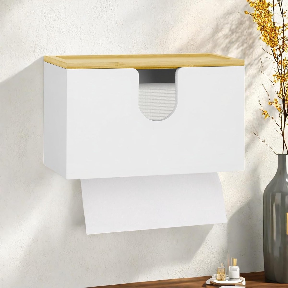 Paper Towel Dispenser, Bamboo Towel Dispenser Wall Paper Napkin Holder with Lid Paper Dispenser for H2 Paper Towels - ShopVlot
