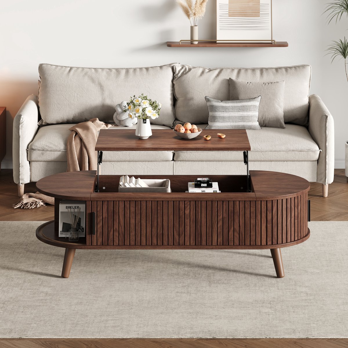 MODENUIT Salontafel - Verstelbare Hoogte Met Opbergruimte - Woonkamer - MDF - Walnoot - 120x50x39,5 Cm