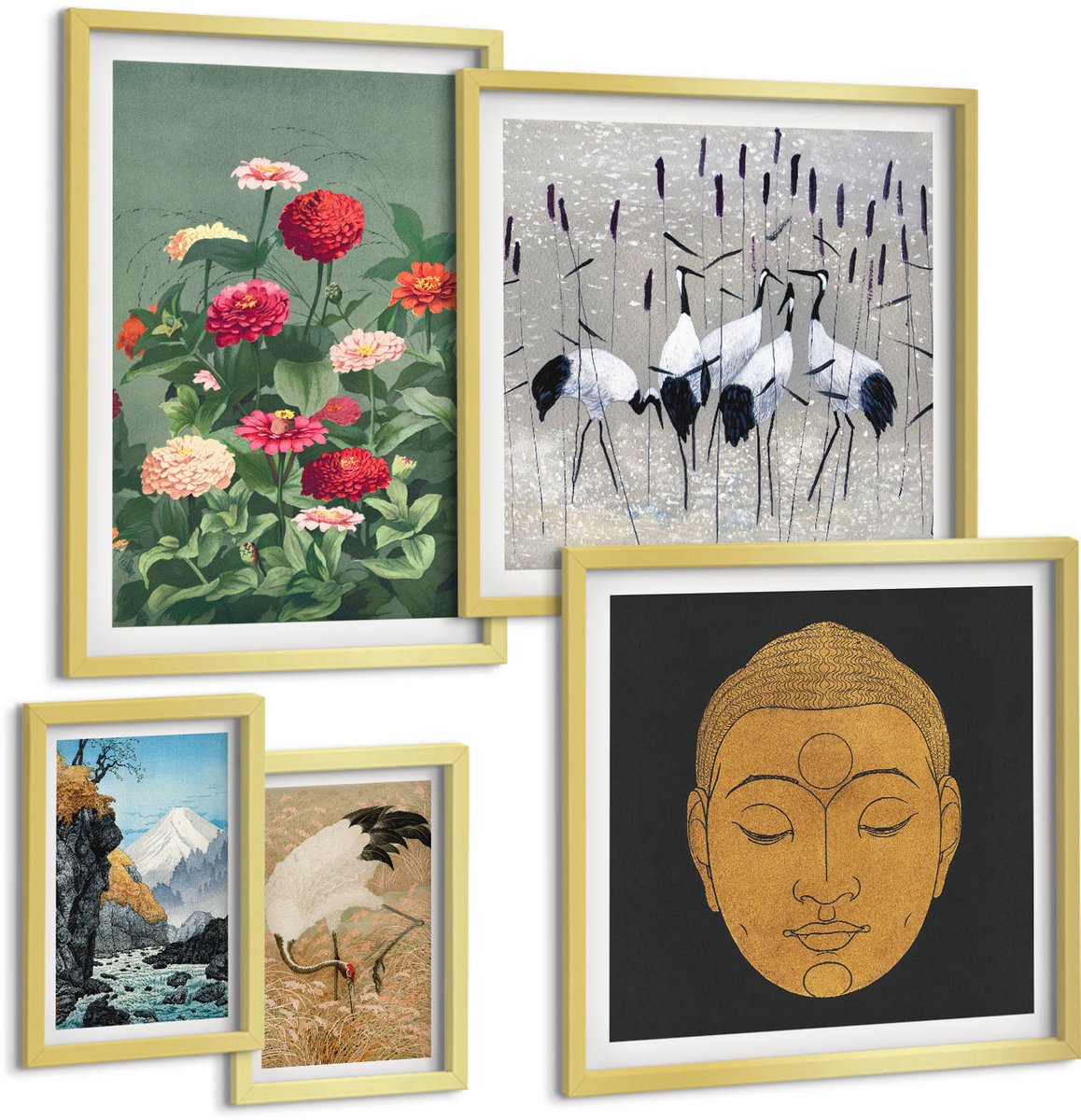 TULUP 5-Delige Schilderij Set - Aziatische landschappen met bloemen en boeddhistische symboliek - 50 x 50 cm, 20 x 30 cm en 40 x 60 cm - Muurdecoratie - Interieur Decoratie - Decoratieve Schilderijen Gouden lijst