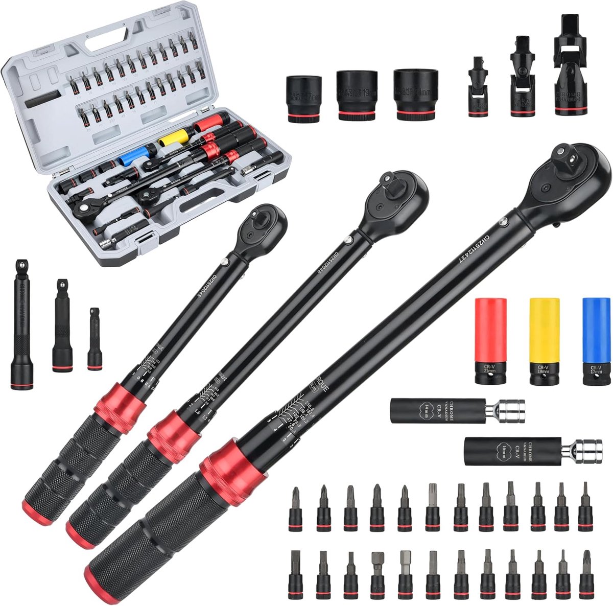 1/4 & 3/8 & 1/2 inch ratelmomentsleutel, 41-delige momentsleutelset met steeksleutels en verlengingen, inbus, torx - ShopVlot