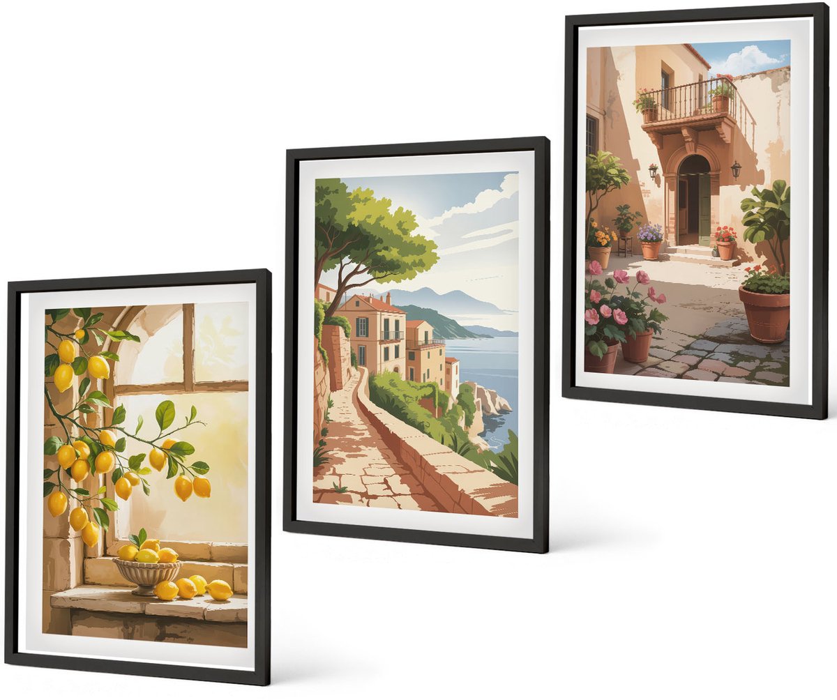 Coloray 3-Delige Schilderij Set - Citrusvruchten In De Keuken, Uitzicht Op De Zee En Het Charmante Stadje. - 40 x 60 cm - Schilderijen Set - Wanddecoratie - Woonkamer - Woonkamer Decoratie