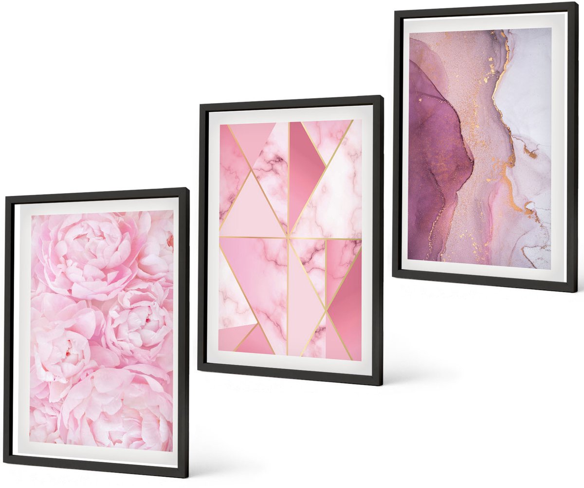 Coloray 3-Delige Schilderij Set - Roze Pioenrozen Met Geometrische Patronen - 40 x 60 cm - Decoratieve Schilderijen - Wanddecoratie - Hal - Moderne Wanddecoratie