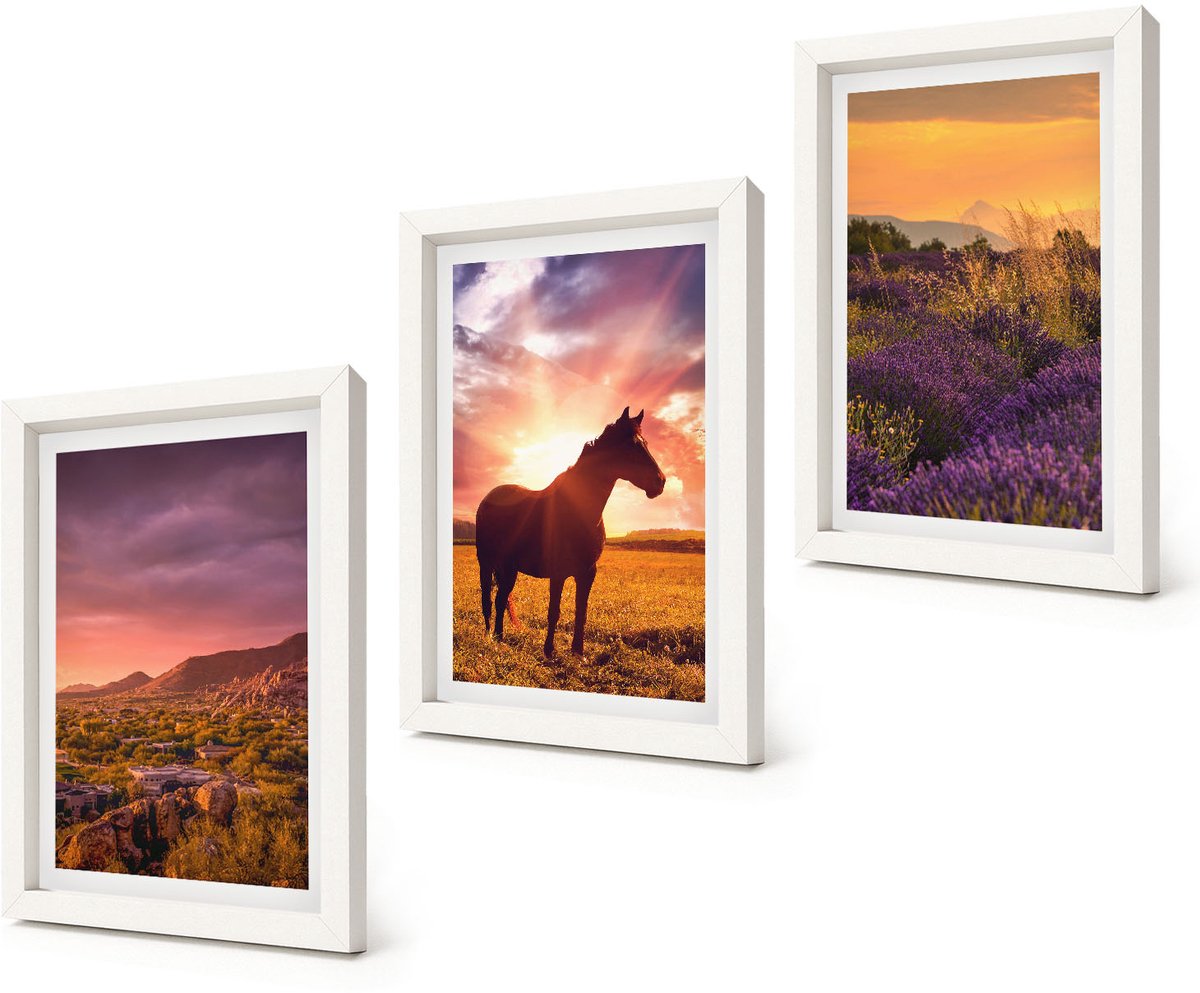 Coloray 3-Delige Schilderij Set - Berglandschappen met paarden en lavendelvelden - 20x30 - Wanddecoratie - Moderne Interieurdecoratie - Stijlvolle Muurdecoratie