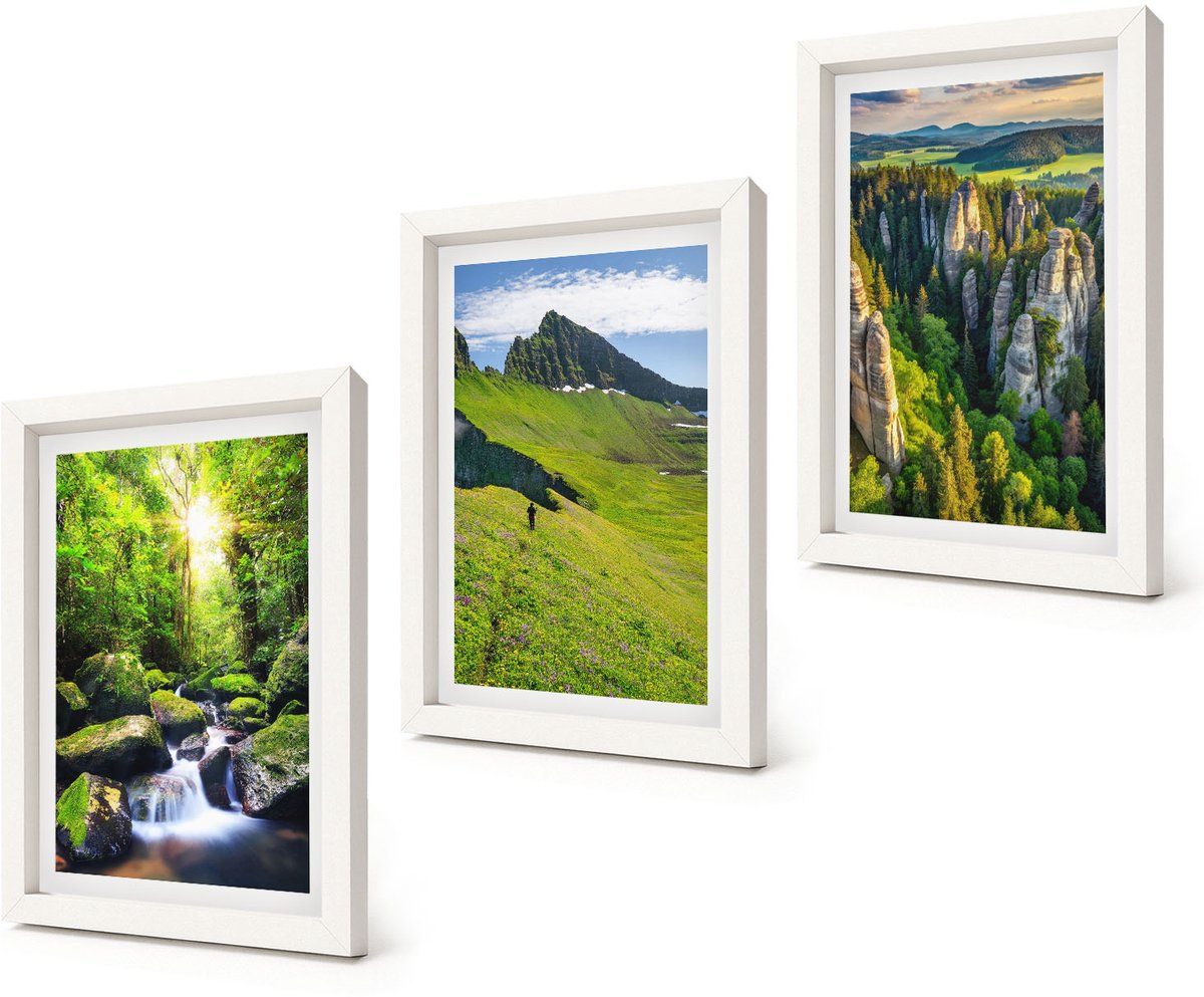 Coloray 3-Delige Schilderij Set - Groene berglandschappen met waterval en bos - 20x30 - Moderne Wanddecoratie - Woonkamer