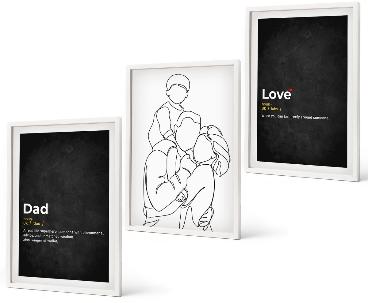 Coloray 3-Delige Schilderij Set - Familielijnkunst Met Definities Van Liefde En Vaderschap. - 40 x 60 - Wanddecoratie - Woonkamer Decoratie