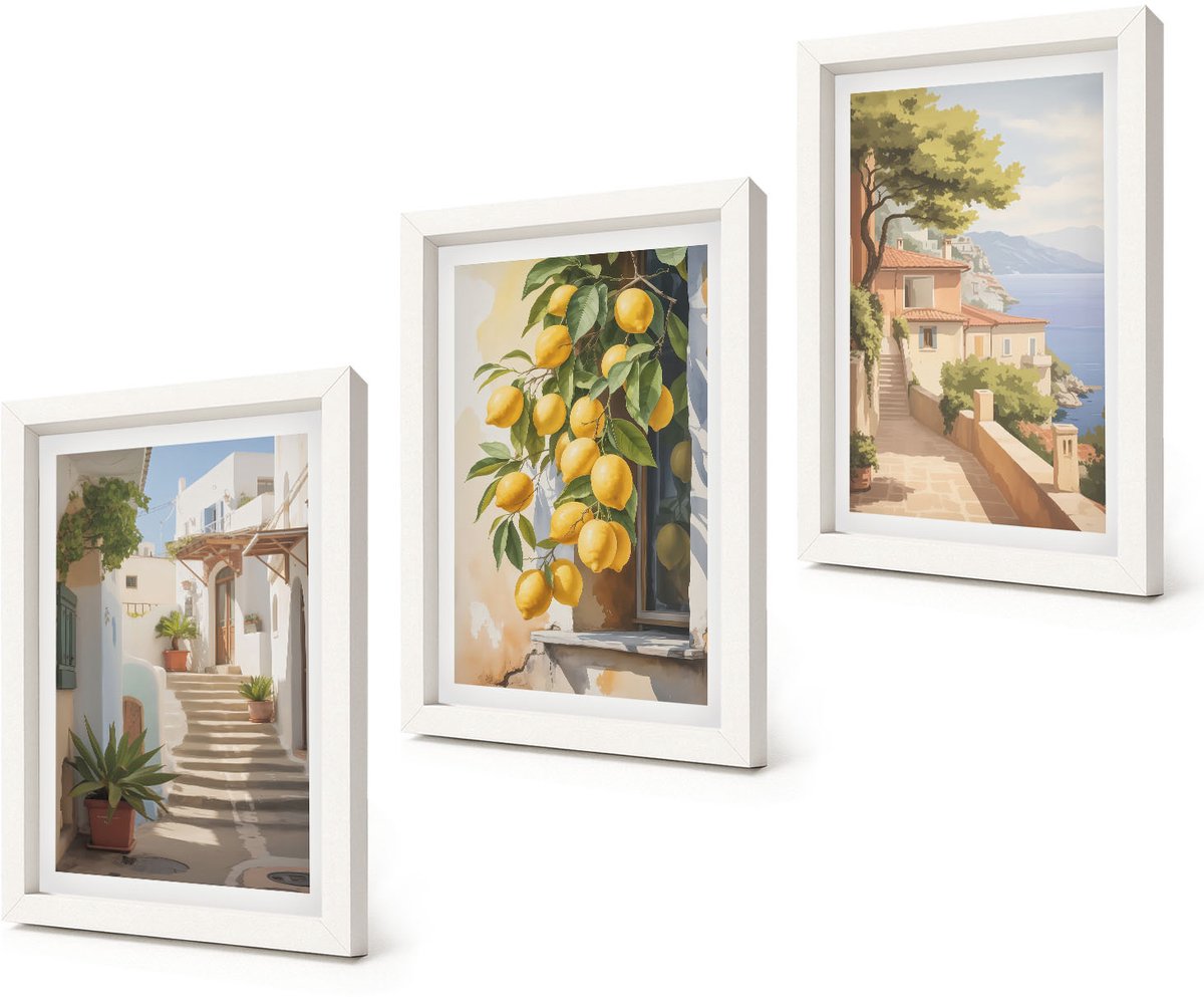 Coloray 3-Delige Schilderij Set - Sfeervolle straatjes met citroenbomen en uitzicht op zee. - 20x30 - Muurdecoratie - Wanddecoratie - Hal