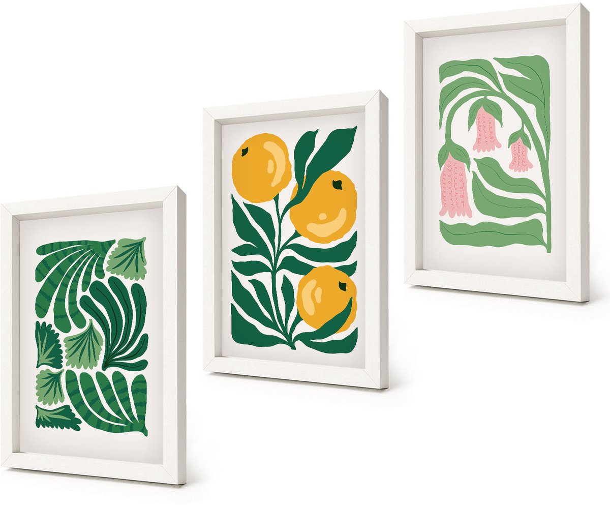 Coloray 3-Delige Schilderij Set - Minimalistische plantpatronen met vruchten en bladeren - 20x30 - Muurdecoratie - Wanddecoratie - Slaapkamer
