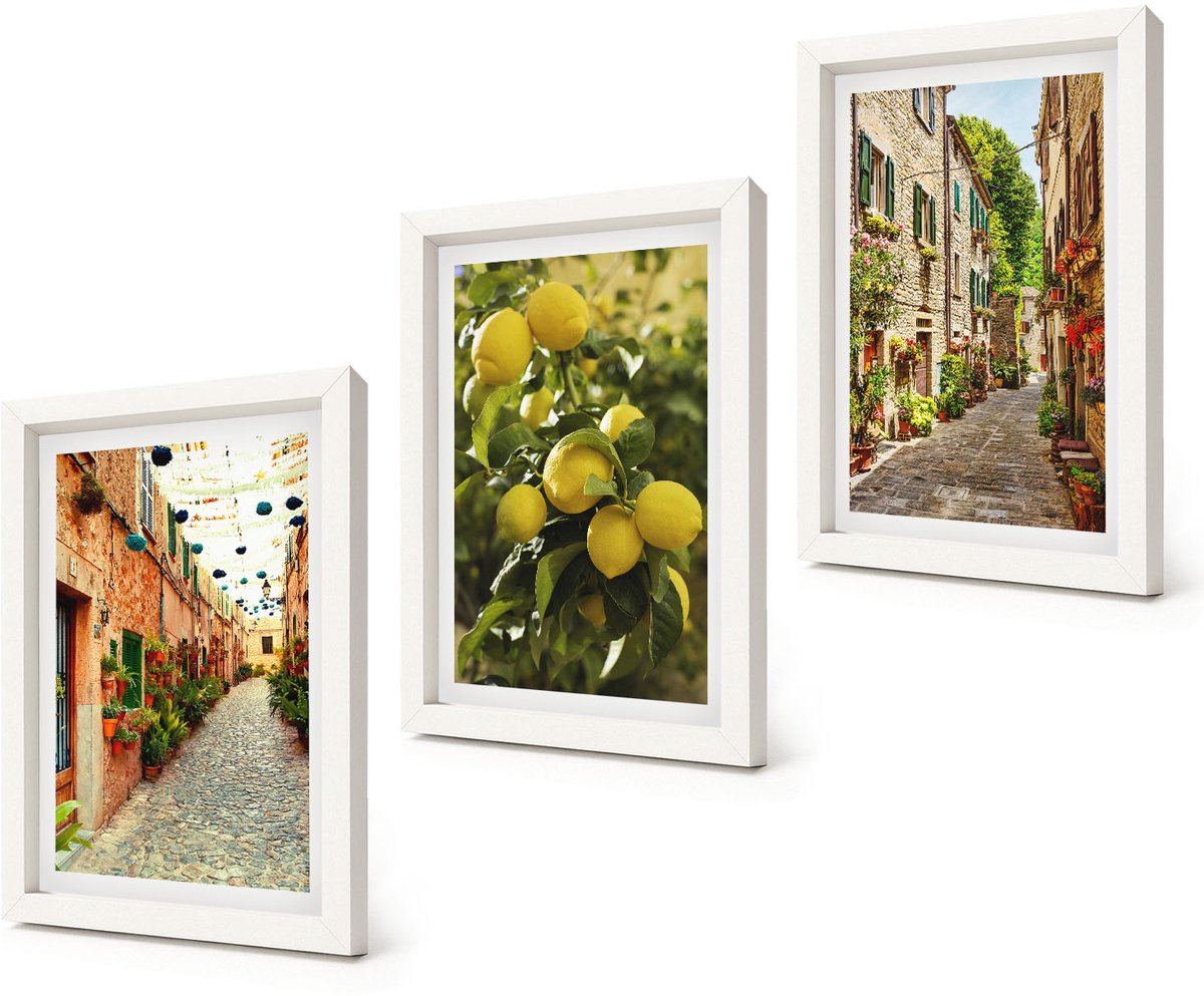 Coloray 3-Delige Schilderij Set - Sfeervolle straatjes met bloemen en citroenen op de achtergrond. - 20x30 - Moderne Wanddecoratie - Slaapkamer - Decoratieve Schilderijen