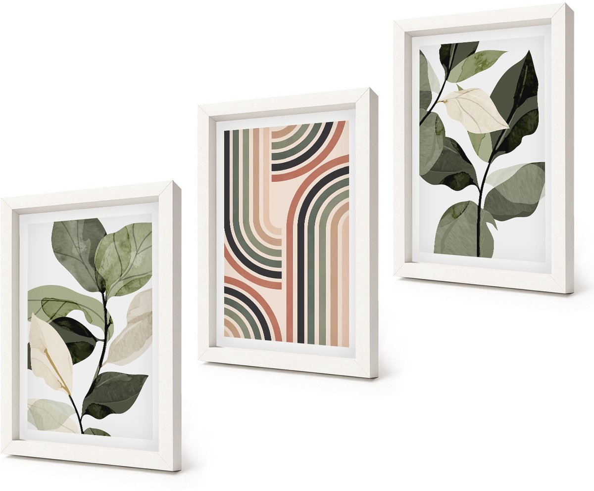 Coloray 3-Delige Schilderij Set - Plantmotieven met geometrische patronen in groene tinten - 20x30 - Wanddecoratie - Moderne Interieurdecoratie