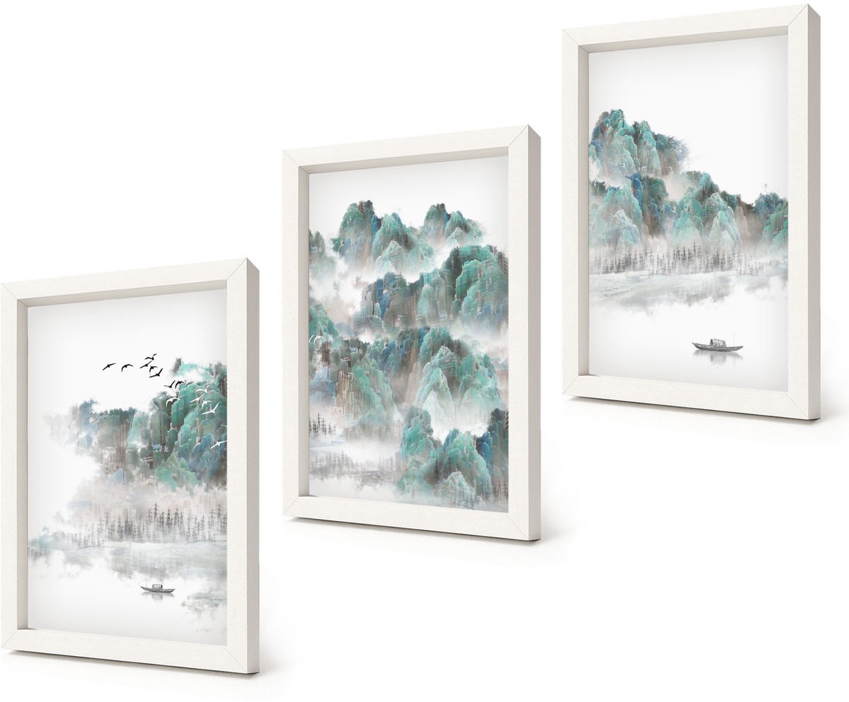 Coloray 3-Delige Schilderij Set - Bergen in de wolken met vogels en een boot op het water. Japandi - 20x30 - Muurdecoratie - Schilderijen Set - Woonkamer - Woonkamer Decoratie