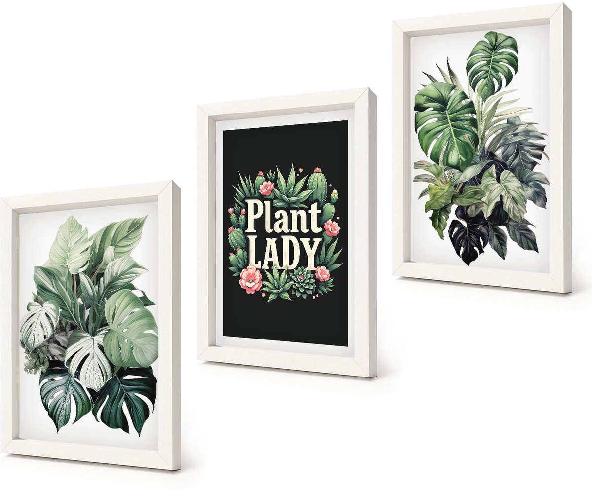 Coloray 3-Delige Schilderij Set - Tropische planten met het opschrift 'Plant Lady' in het groen. - 20x30 - Muurdecoratie - Wanddecoratie - Hal - Woonkamer Decoratie