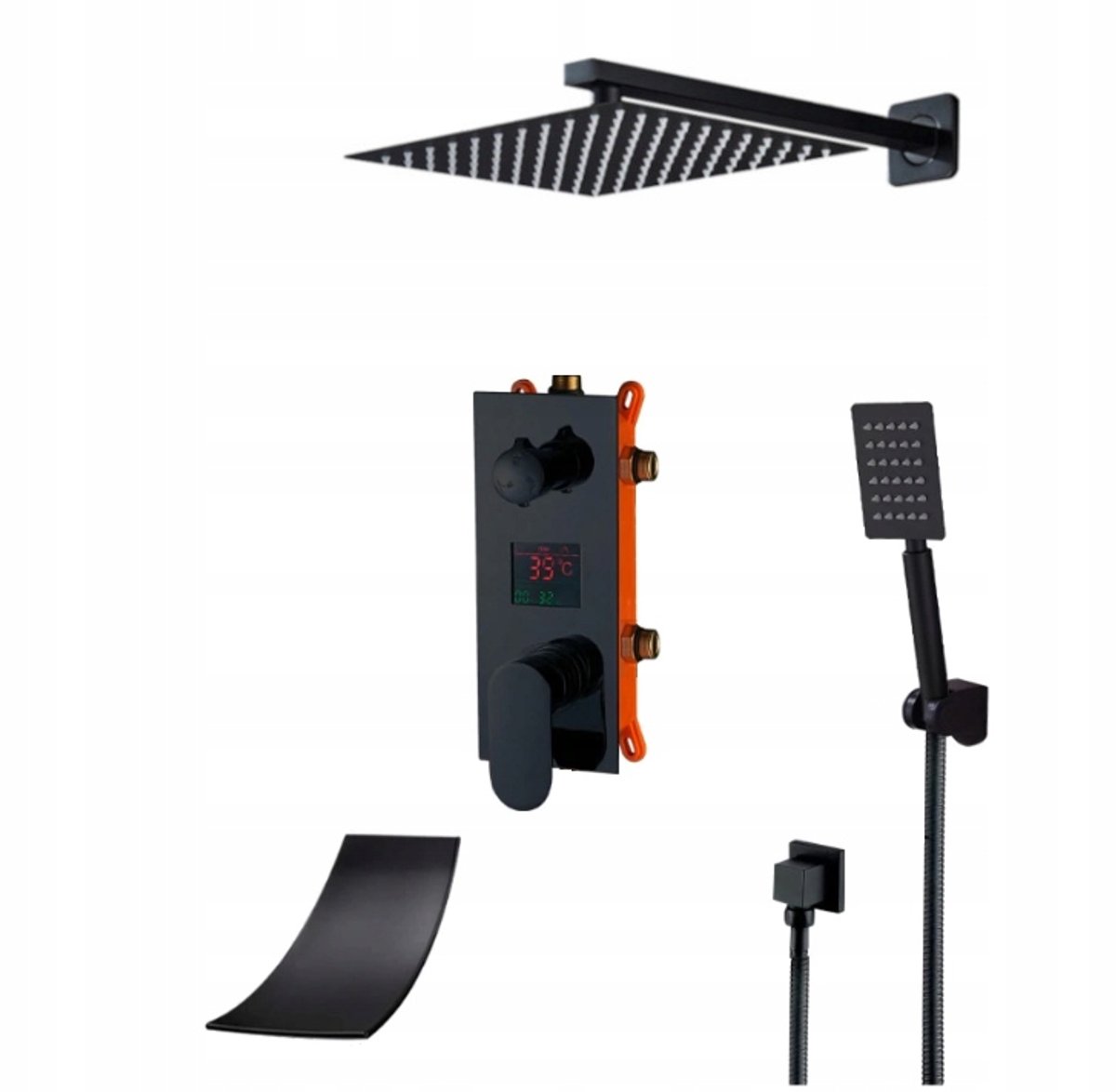 Zwart Mat Inbouw Doucheset met Waterval Uitloop & Display 20cm