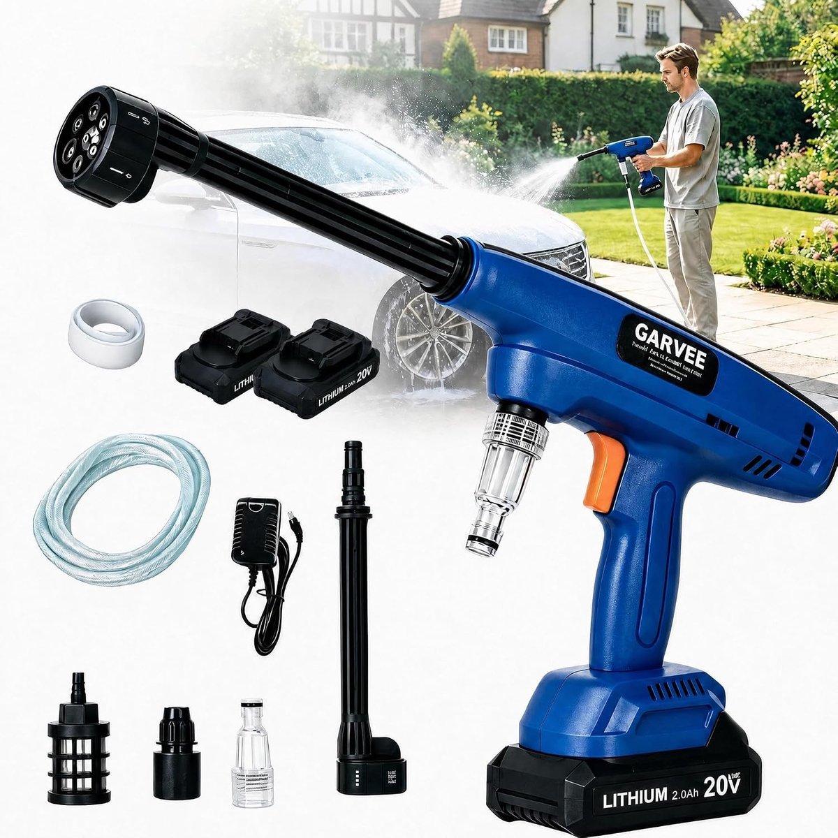Accu Hogedrukreiniger - Draagbaar & Snoerloos - 2x 20V Accu's - 6-in-1 Sproeikop - Zelfaanzuigend - Inclusief Opbergkoffer & 5m Slang - Voor Auto, Terras en Tuin