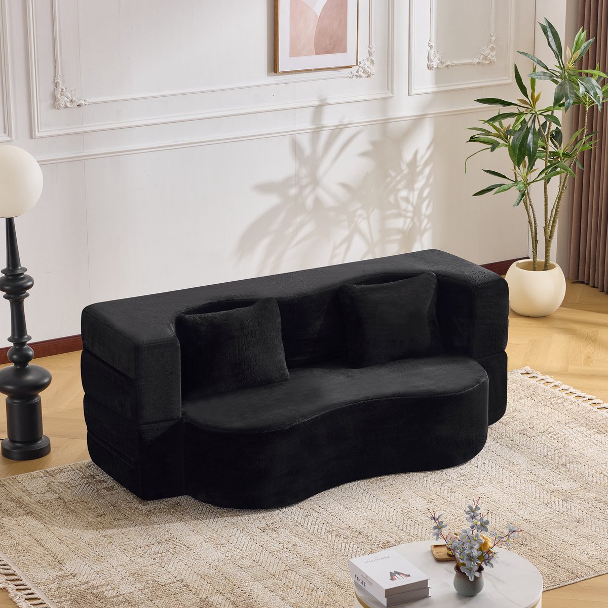 Opvouwbare futon slaapbank - Geschikt voor woonkamer, logeer- en slaapkamer - 2 personen - Zwart pluche stof - Hoogdichtheid compressieschuim - Montagevrij en multifunctioneel
