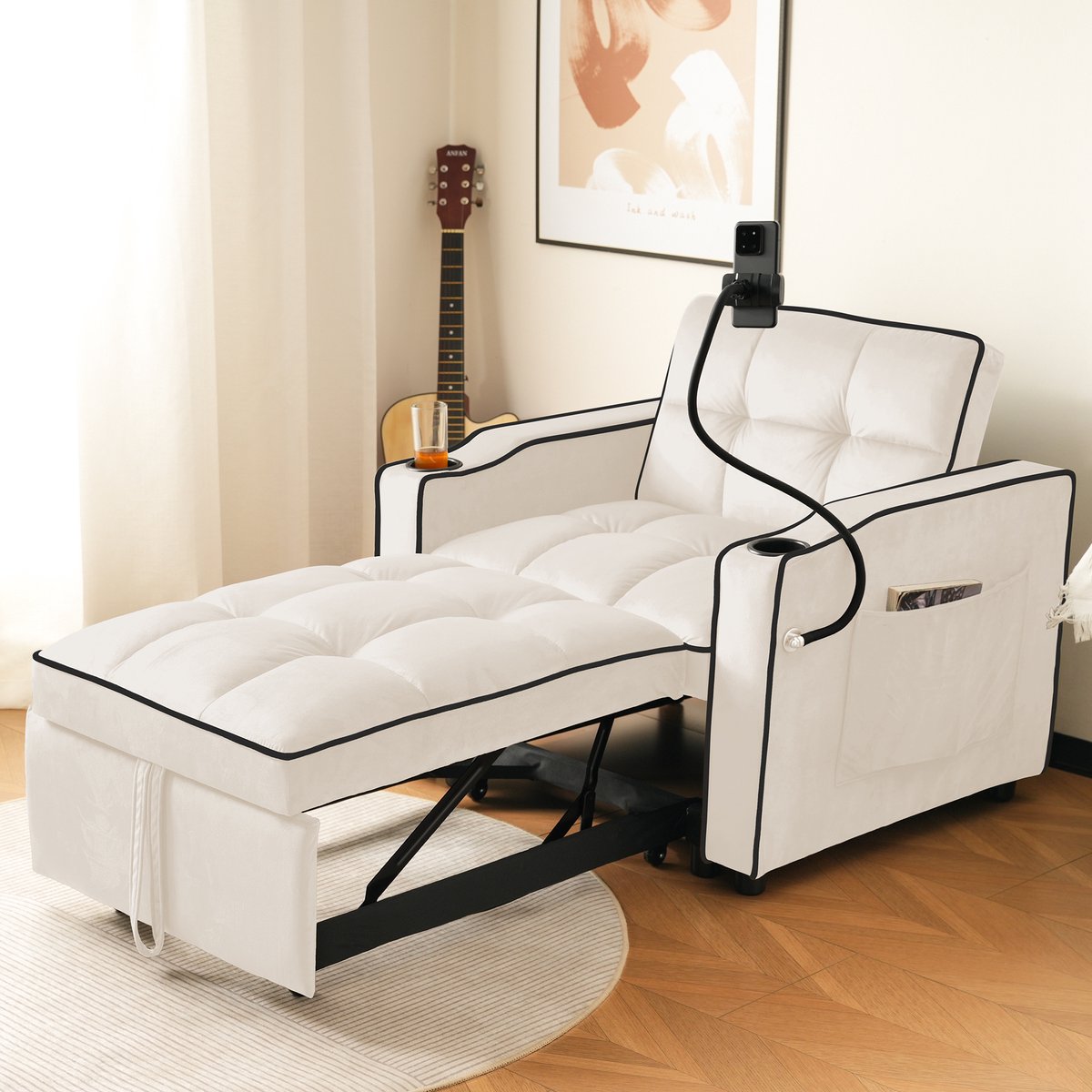 3-in-1 uitschuifbare slaapfauteuil met drankhouders en telefoonhouder - compact voor kleine ruimtes - 1 persoon, 83x167x76 cm - diverse kleuren - 3 verstelbare posities - zachte fluwelen bekleding