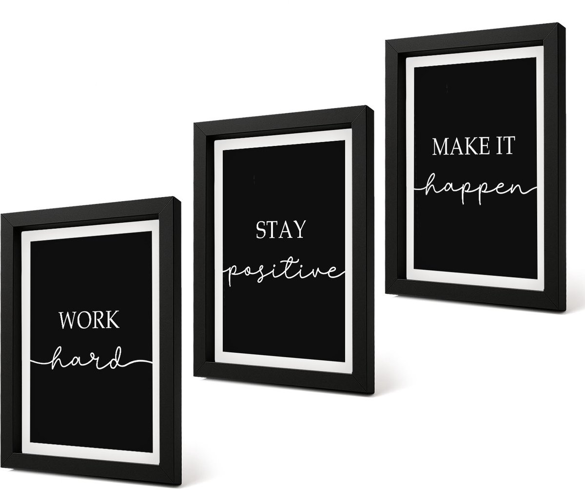 Coloray 4-Delige Schilderij Set - Elegante, motiverende slogans op een zwarte achtergrond - 20 x 30 cm - Stijlvolle Muurdecoratie - Kantoor