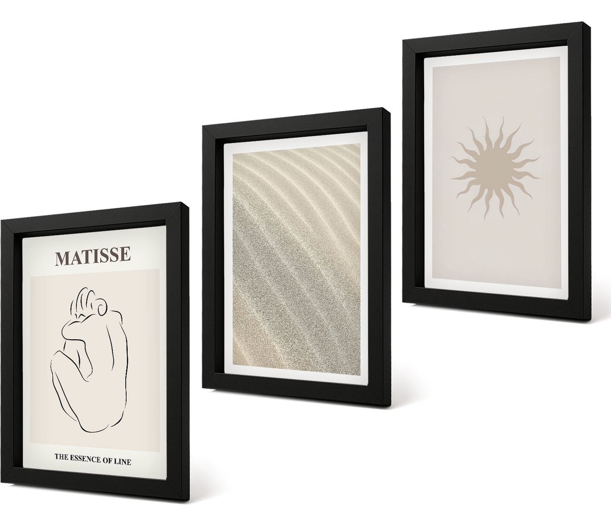 Coloray 4-Delige Schilderij Set - Minimalistische zandlijnen, golven en zon - 20 x 30 cm - Wanddecoratie - Muurdecoratie - Woonkamer - Moderne Wanddecoratie