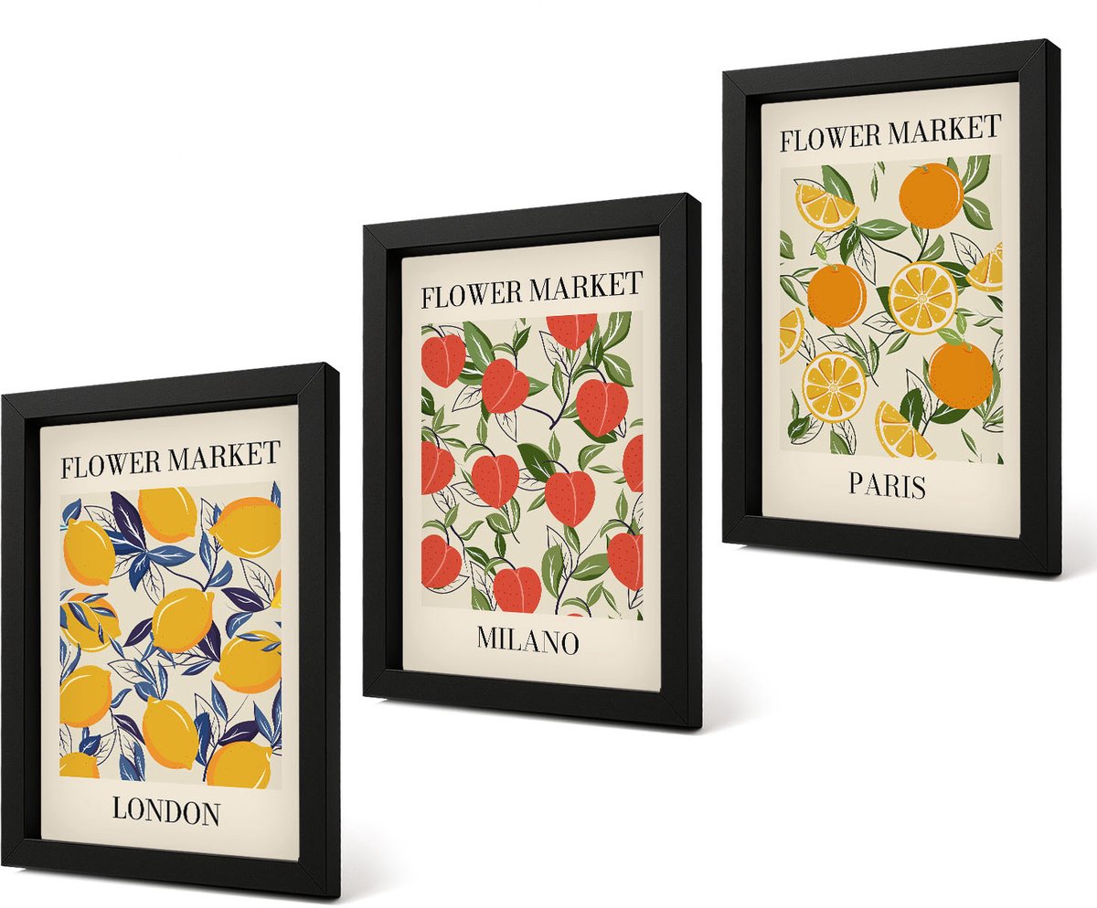 Coloray 4-Delige Schilderij Set - Bloemenposters in Londen, Milaan en Parijs - 20 x 30 cm - Stijlvolle Muurdecoratie - Slaapkamer - Interieur Decoratie