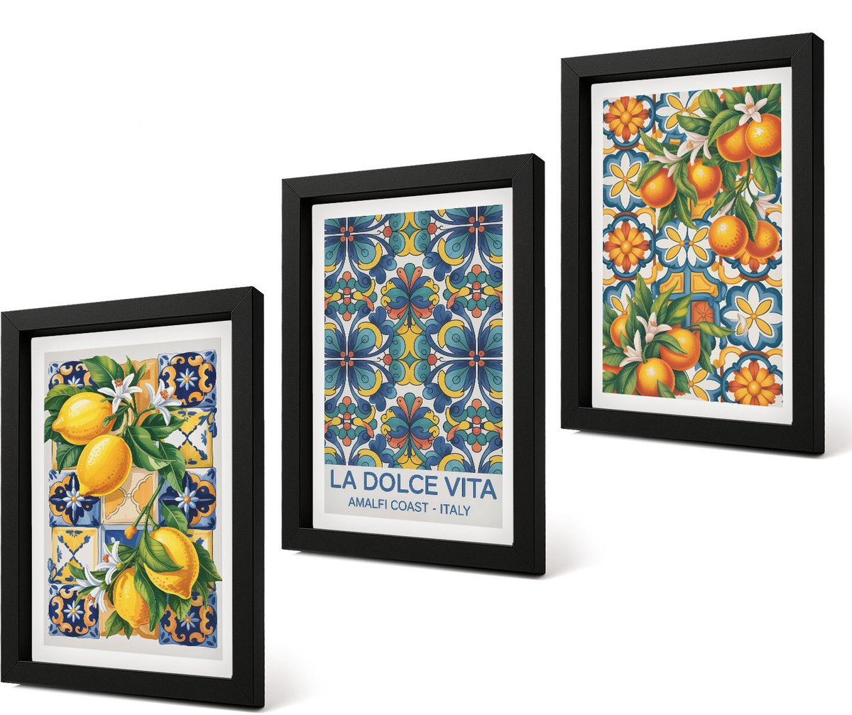 Coloray 4-Delige Schilderij Set - Citroen- en sinaasappelbloemen in kleurrijke patronen - 20 x 30 cm - Wanddecoratie - Muurdecoratie - Woonkamer - Woonkamer Decoratie