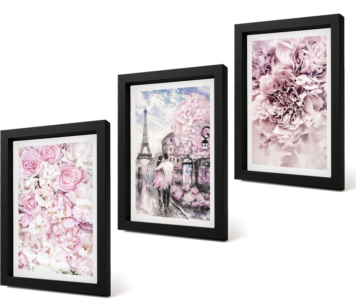 Coloray 4-Delige Schilderij Set - Bloemen in verschillende tinten roze, romantisch landschap - 20 x 30 cm - Muurdecoratie - Wanddecoratie - Slaapkamer - Moderne Wanddecoratie