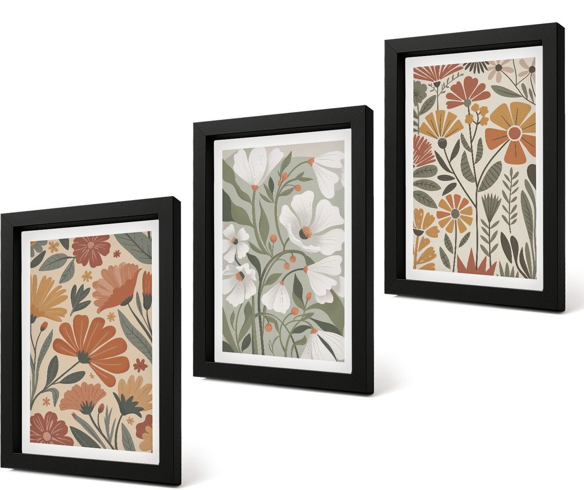 Coloray 4-Delige Schilderij Set - Bloemenpatronen in oranje en groene tinten. - 20 x 30 cm - Wanddecoratie - Woonkamer Decoratie - Muurdecoratie