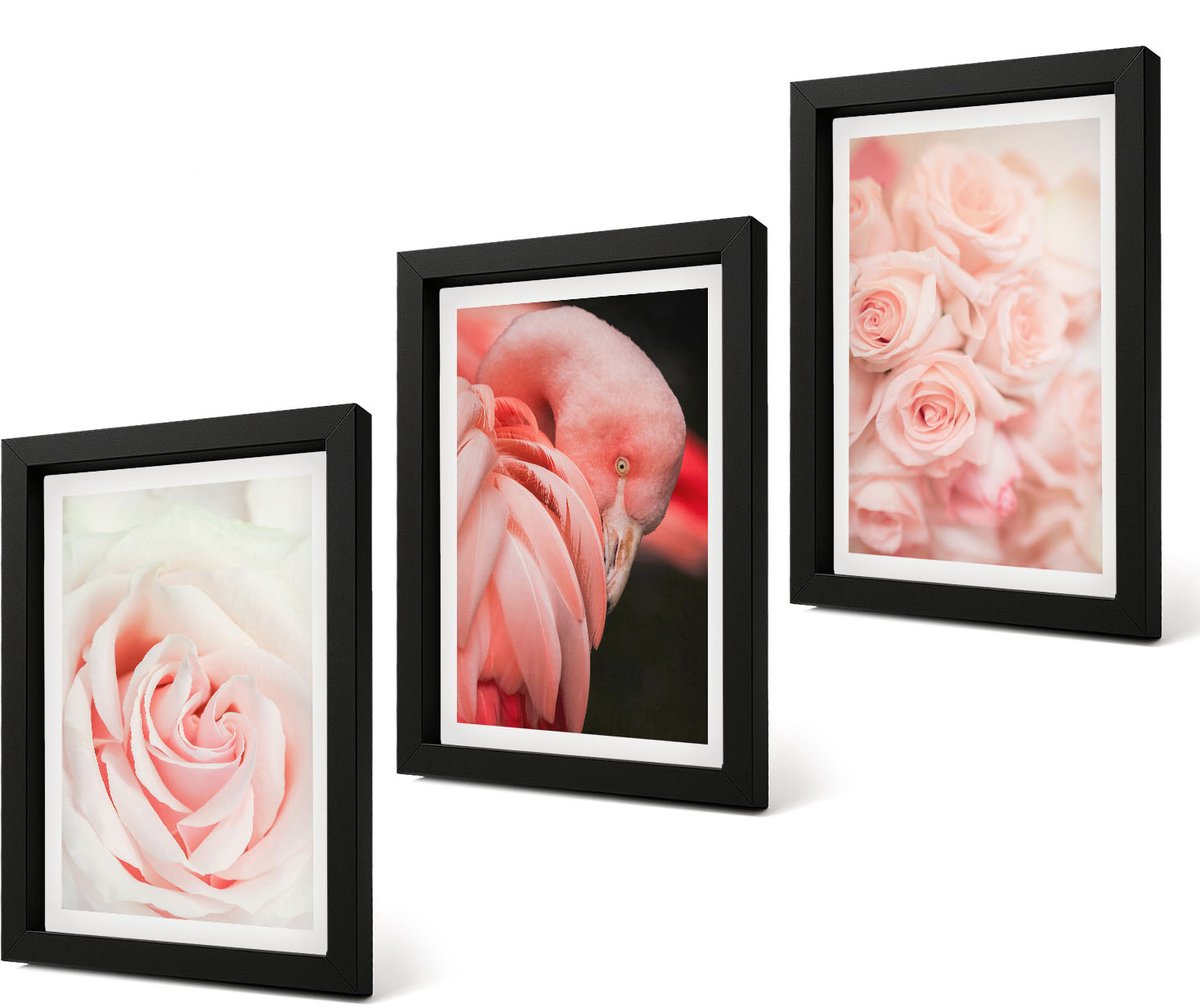 Coloray 4-Delige Schilderij Set - Pastelrozen en flamingo's in delicate tinten - 20 x 30 cm - Decoratieve Schilderijen - Wanddecoratie - Hal - Stijlvolle Muurdecoratie