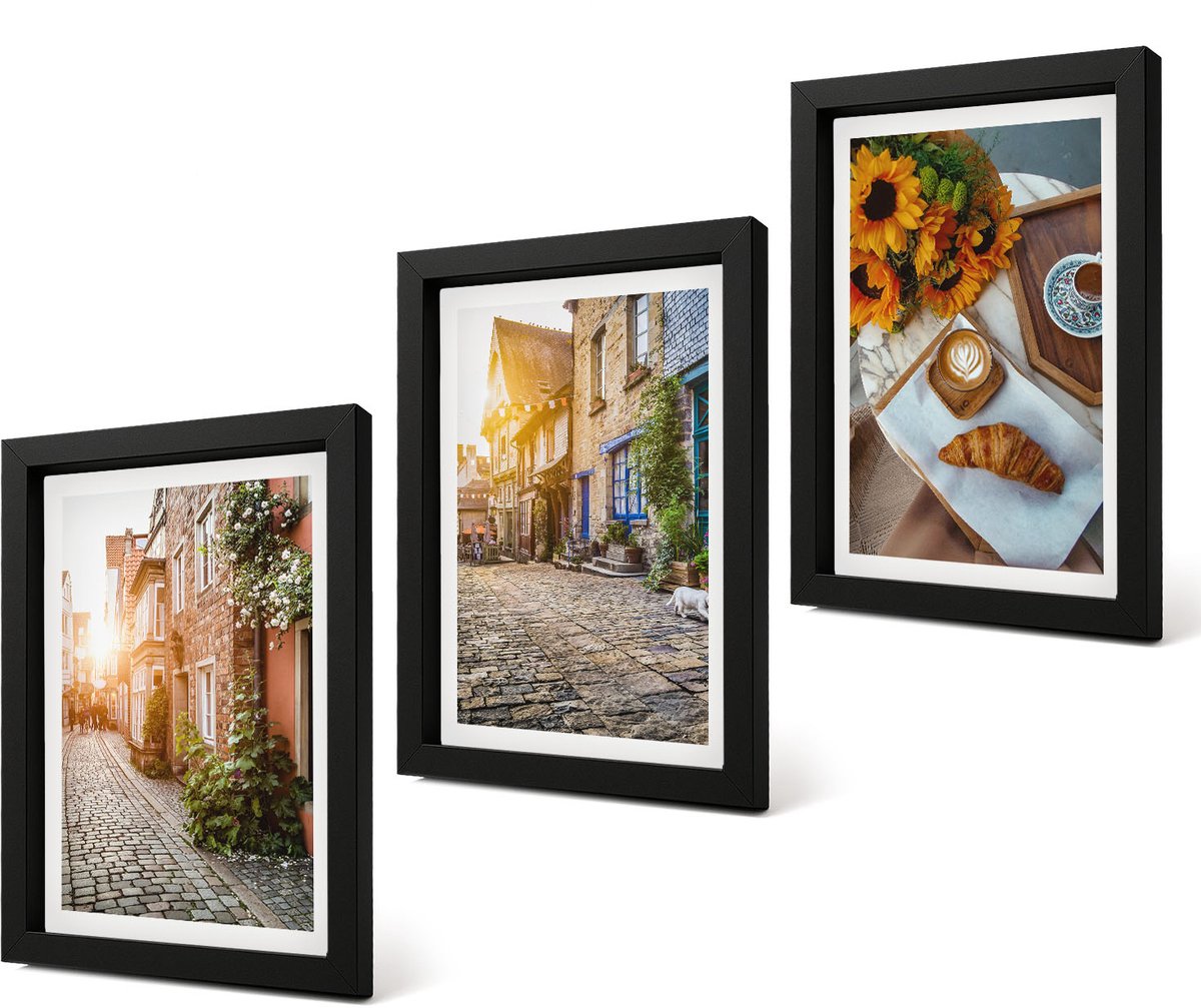 Coloray 4-Delige Schilderij Set - Sfeervolle straatjes met koffie en zonnebloemen - 20 x 30 cm - Muurdecoratie - Decoratieve Schilderijen - Wohnzimmer - Wanddecoratie