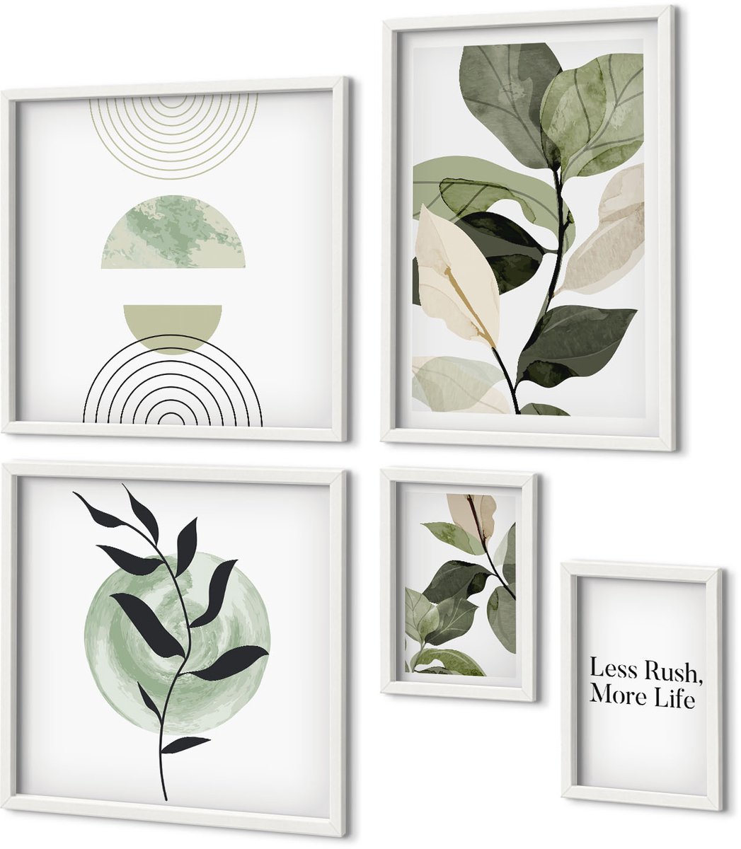 Coloray 5-Delige Schilderij Set - Stijlvolle Afbeeldingen Met Plantmotieven Voor Interieurs - 50 x 50 cm, 20 x 30 cm En 40 x 60 cm - Muurdecoratie - Wanddecoratie - Hal - Woonkamer Decoratie